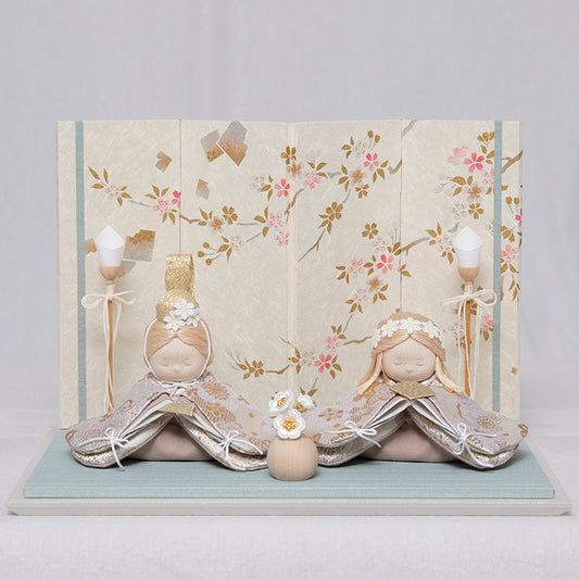 夢羽雛ましろ　ちりめん雛　平飾り(桜ぱねる・水色)